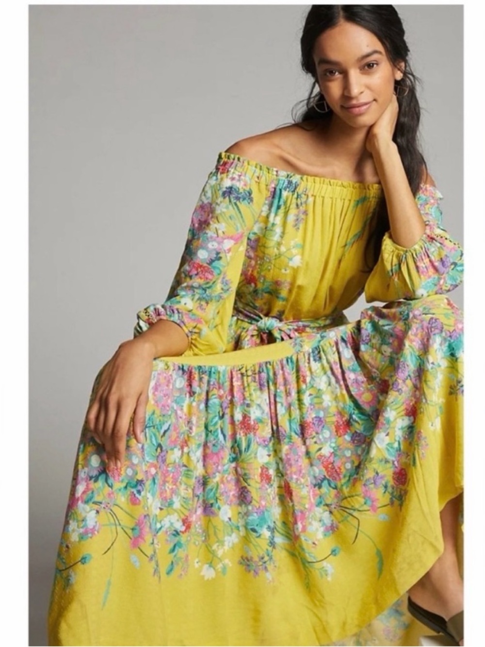 Anthropologie Yellow Floral Off-Shoulder Tie-Waist Maxi Dress - Picture 2 of 4